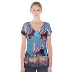 Modern Norway Painting Short Sleeve Front Detail Top by NouveauDesign