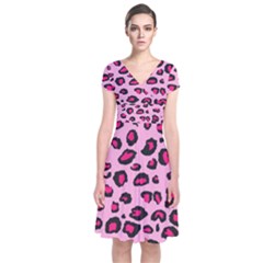 Pink Leopard Short Sleeve Front Wrap Dress