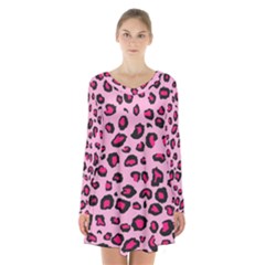 Pink Leopard Long Sleeve Velvet V-neck Dress