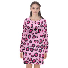 Pink Leopard Long Sleeve Chiffon Shift Dress 
