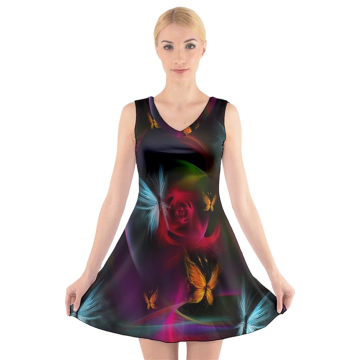 Beautiful Butterflies Rainbow Space V-Neck Sleeveless Skater Dress