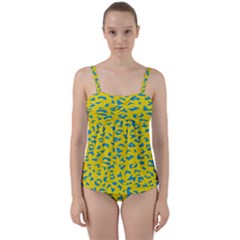 Blue Yellow Space Galaxy Twist Front Tankini Set