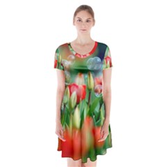 Colorful Flowers Short Sleeve V-neck Flare Dress by Mariart