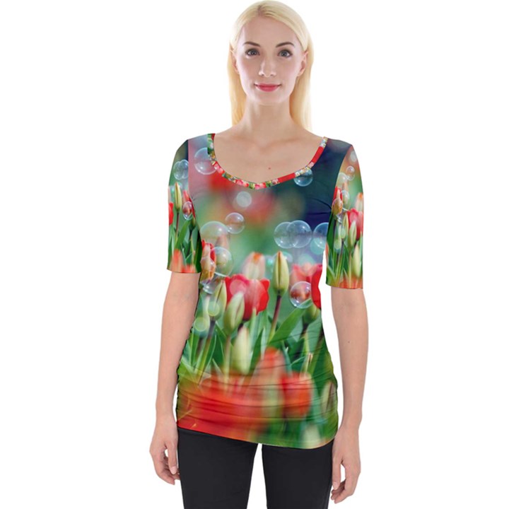 Colorful Flowers Wide Neckline Tee