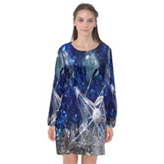 Christmas Silver Blue Star Ball Happy Kids Long Sleeve Chiffon Shift Dress  by Mariart