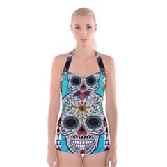 Sugar Skull New 2015 Boyleg Halter Swimsuit  by crcustomgifts