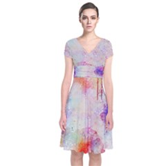 Watercolor Galaxy Purple Pattern Short Sleeve Front Wrap Dress by paulaoliveiradesign