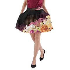 Flower Back Leaf Polka Dots Black Pink A-line Pocket Skirt by Mariart