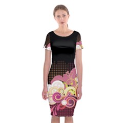 Flower Back Leaf Polka Dots Black Pink Classic Short Sleeve Midi Dress by Mariart