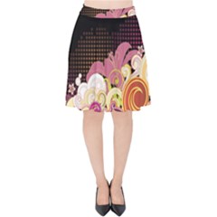 Flower Back Leaf Polka Dots Black Pink Velvet High Waist Skirt