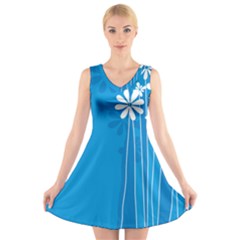 Flower Blue V-neck Sleeveless Skater Dress