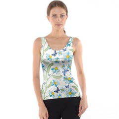 Flower Blue Butterfly Leaf Green Tank Top