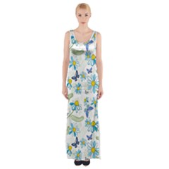 Flower Blue Butterfly Leaf Green Maxi Thigh Split Dress