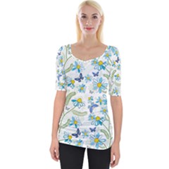 Flower Blue Butterfly Leaf Green Wide Neckline Tee