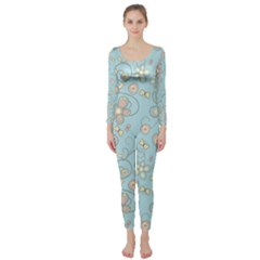 Flower Blue Butterfly Bird Yellow Floral Sexy Long Sleeve Catsuit