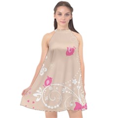 Flower Bird Love Pink Heart Valentine Animals Star Halter Neckline Chiffon Dress  by Mariart