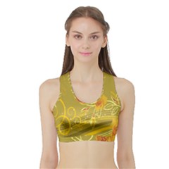 Flower Floral Yellow Sunflower Star Leaf Line Gold Sports Bra With Border by Mariart