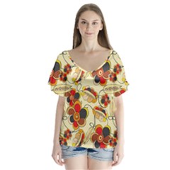 Flower Seed Rainbow Rose V-neck Flutter Sleeve Top