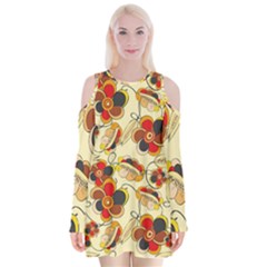 Flower Seed Rainbow Rose Velvet Long Sleeve Shoulder Cutout Dress