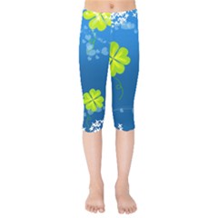 Flower Shamrock Green Blue Sexy Kids  Capri Leggings 