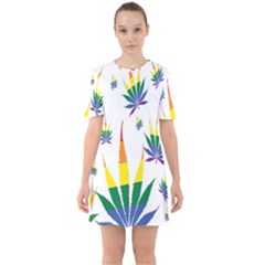 Marijuana Cannabis Rainbow Love Green Yellow Red White Leaf Sixties Short Sleeve Mini Dress by Mariart