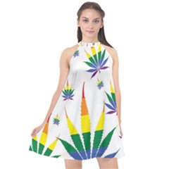 Marijuana Cannabis Rainbow Love Green Yellow Red White Leaf Halter Neckline Chiffon Dress 