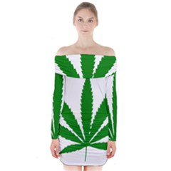 Marijuana Weed Drugs Neon Cannabis Green Leaf Sign Long Sleeve Off Shoulder Dress