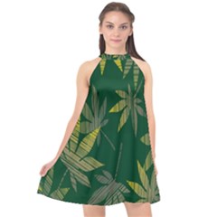 Marijuana Cannabis Rainbow Love Green Yellow Leaf Halter Neckline Chiffon Dress 