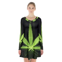 Marijuana Weed Drugs Neon Green Black Light Long Sleeve Velvet V-neck Dress by Mariart