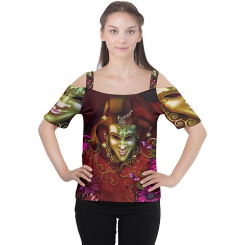 Wonderful Venetian Mask With Floral Elements Cutout Shoulder Tee by FantasyWorld7