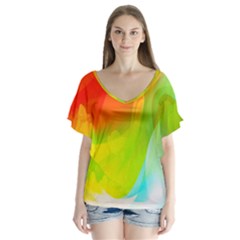 Red Yellow Green Blue Rainbow Color Mix V-neck Flutter Sleeve Top