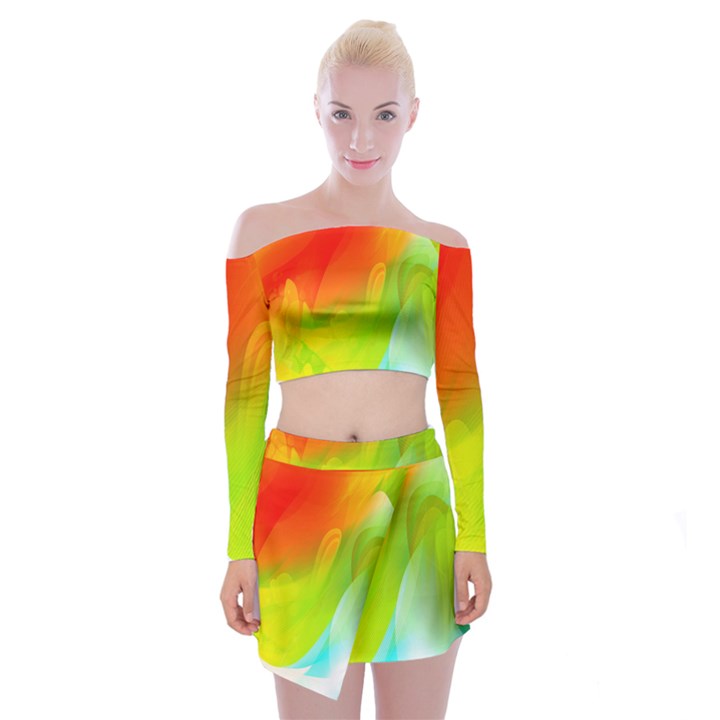 Red Yellow Green Blue Rainbow Color Mix Off Shoulder Top with Skirt Set