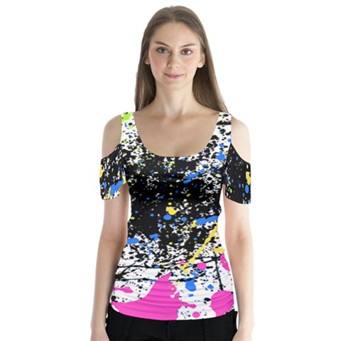 Spot Paint Pink Black Green Yellow Blue Sexy Butterfly Sleeve Cutout Tee  by Mariart