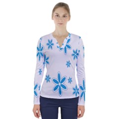 Star Flower Blue V-neck Long Sleeve Top