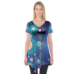 Flower Blue Floral Sunflower Star Polka Dots Sexy Short Sleeve Tunic  by Mariart