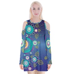 Flower Blue Floral Sunflower Star Polka Dots Sexy Velvet Long Sleeve Shoulder Cutout Dress