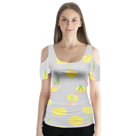 Cute Fruit Cerry Yellow Green Pink Butterfly Sleeve Cutout Tee  by Mariart