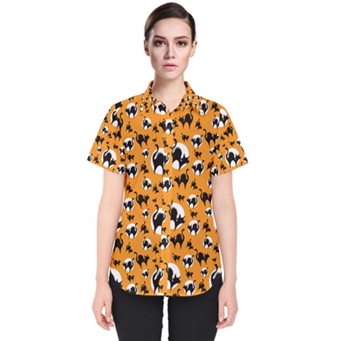 Pattern Halloween Black Cat Hissing Women s Short Sleeve Shirt by iCreate