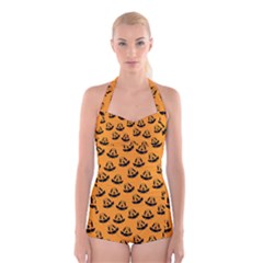 Halloween Jackolantern Pumpkins Icreate Boyleg Halter Swimsuit  by iCreate