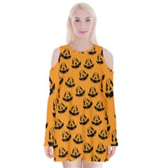 Halloween Jackolantern Pumpkins Icreate Velvet Long Sleeve Shoulder Cutout Dress by iCreate