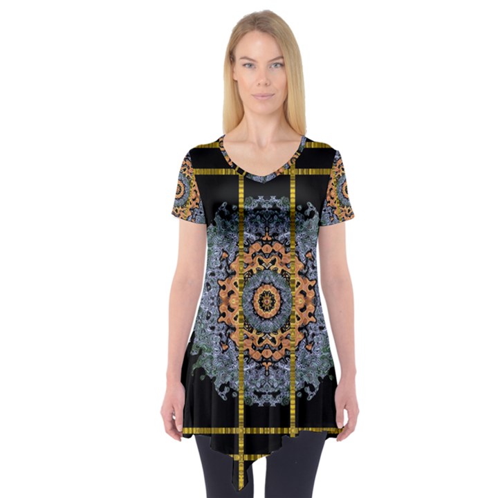 Blue Bloom Golden And Metal Short Sleeve Tunic 