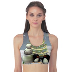 Funny Snowman With Penguin And Christmas Tree Sports Bra by FantasyWorld7