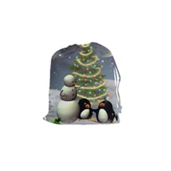 Funny Snowman With Penguin And Christmas Tree Drawstring Pouches (small)  by FantasyWorld7