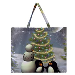 Funny Snowman With Penguin And Christmas Tree Zipper Large Tote Bag by FantasyWorld7