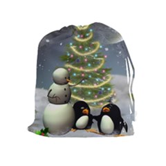 Funny Snowman With Penguin And Christmas Tree Drawstring Pouches (extra Large) by FantasyWorld7