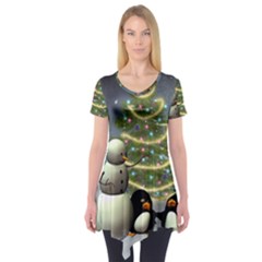 Funny Snowman With Penguin And Christmas Tree Short Sleeve Tunic 