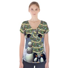 Funny Snowman With Penguin And Christmas Tree Short Sleeve Front Detail Top by FantasyWorld7