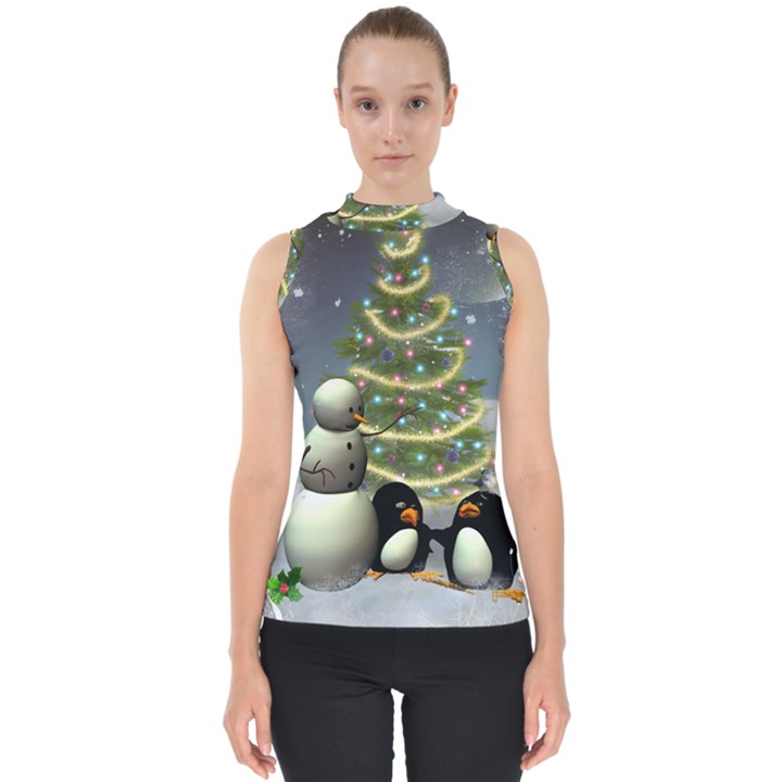 Funny Snowman With Penguin And Christmas Tree Shell Top