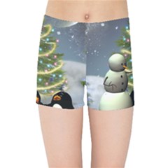 Funny Snowman With Penguin And Christmas Tree Kids Sports Shorts by FantasyWorld7