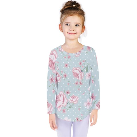 Shabby Chic,pink,roses,polka Dots Kids  Long Sleeve Tee by NouveauDesign